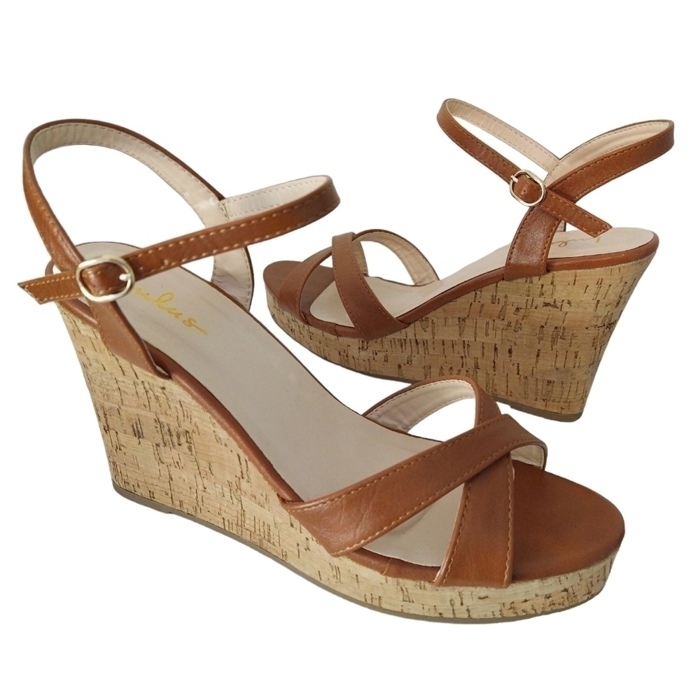Lulu's Nixie Brown Tan Cork Wedge Platform Sandals Criss Cross Beachy